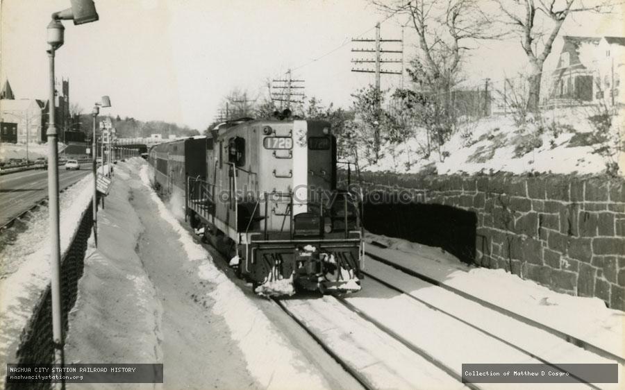 Postcard: Boston & Maine Railroad #1728 leads an MBTA commuter train at Newtonville, Massachusetts
